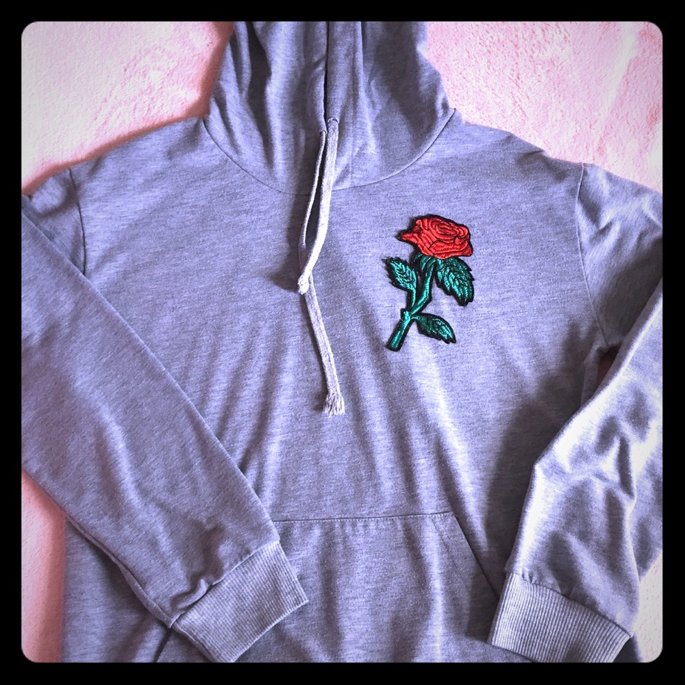 Light weight gray hoodie with rose embellishment